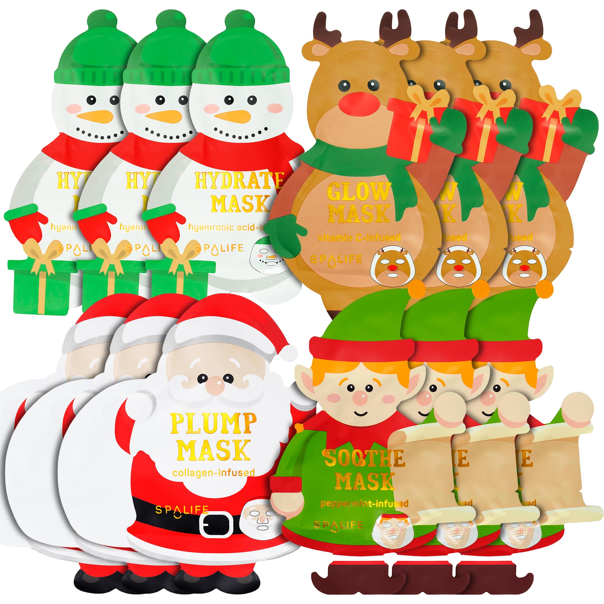 SpaLife Beauty Holiday Treats Christmas Face Mask Bundle | Korean Facial Mask | Hydrating, Soothing and Moisturizing Sheet Mask Set | Stocking Stuffers for Women | Bulk Christmas Gifts | 12 Pack